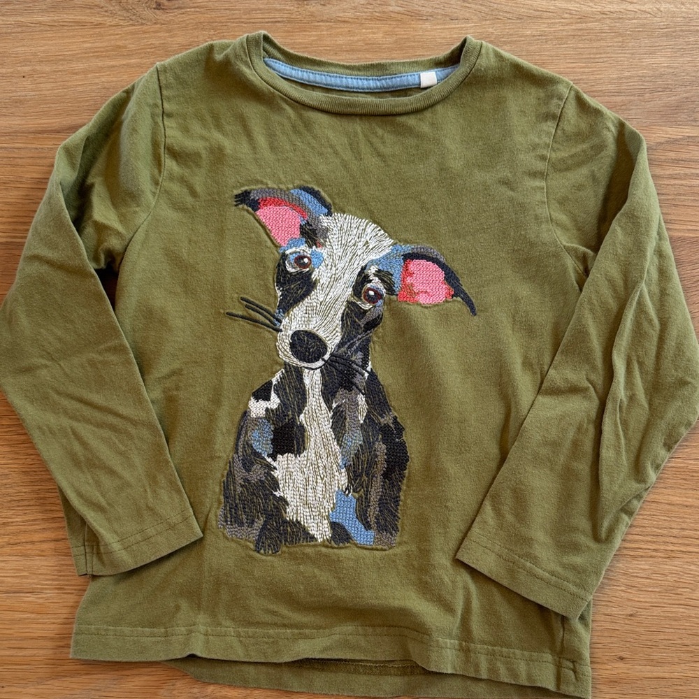 Mini Boden Olive Long Sleeve Kids Tee with Dog Design